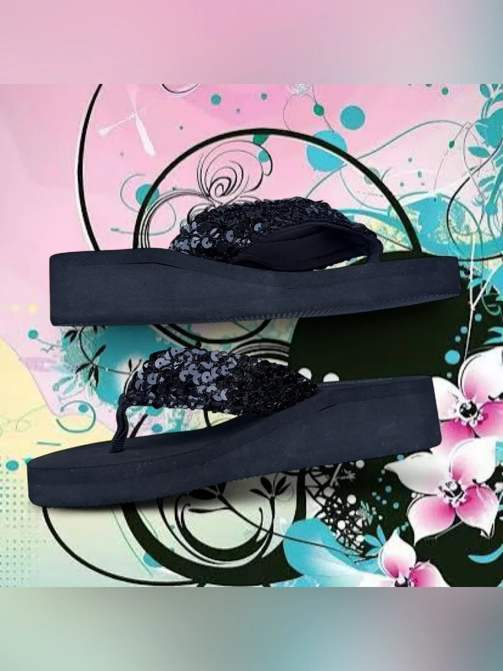 NWOT vintage y2k sequin platform flip flops - kathy ireland, sz 7